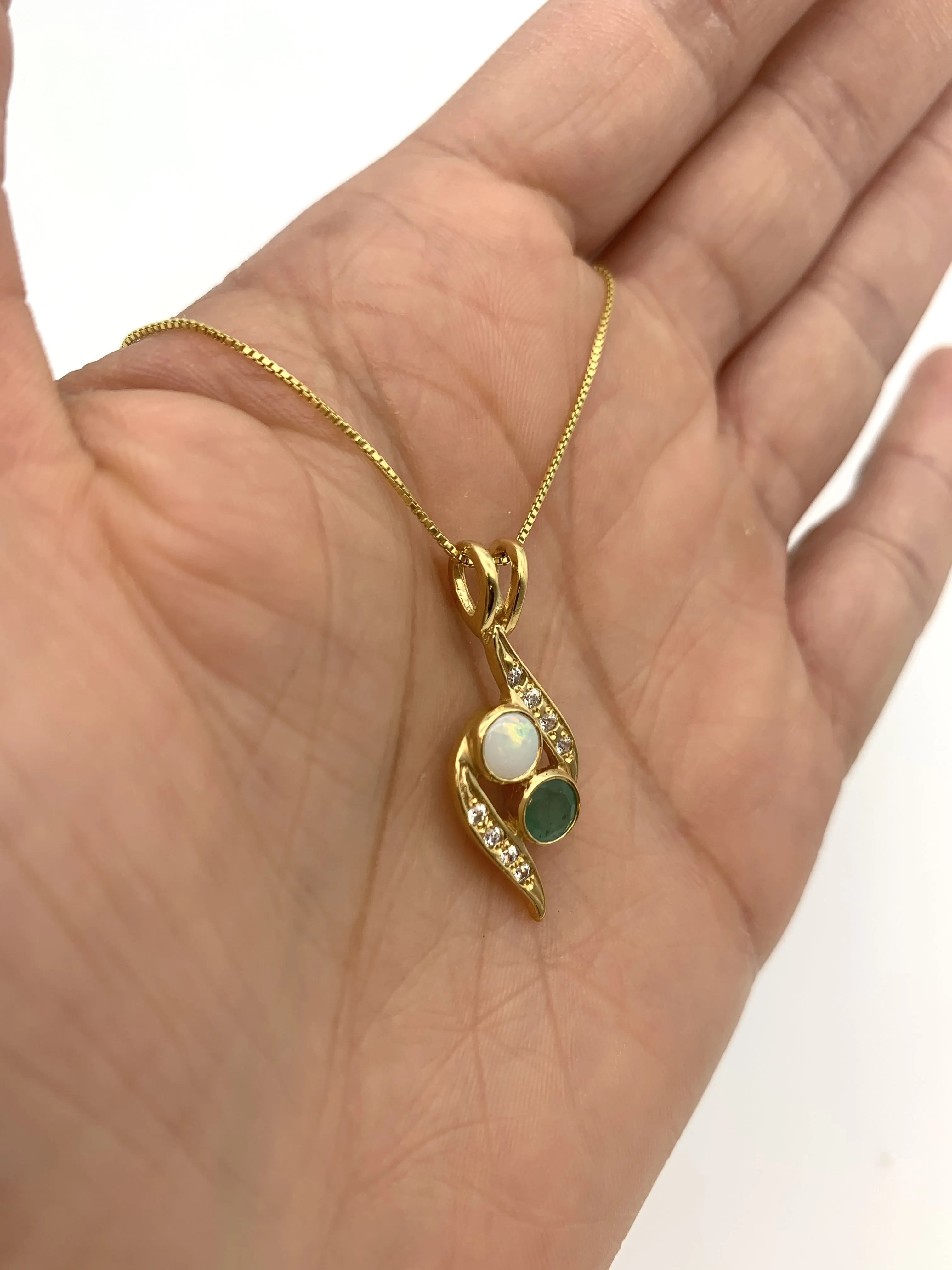 Gold Emerald Necklace - Vintage Opal Pendant - Two Stone Necklace