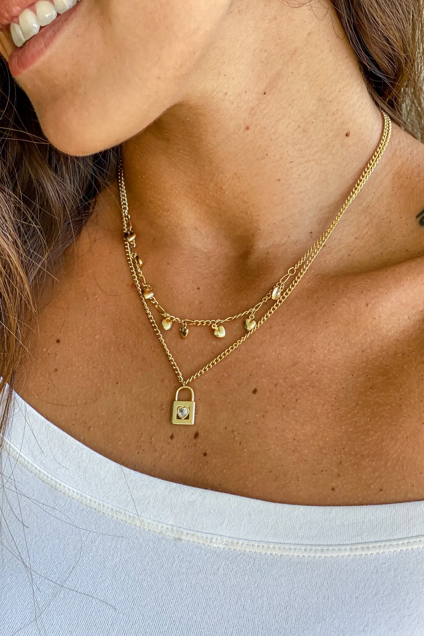 Gold Layered Necklace with Heart Lock