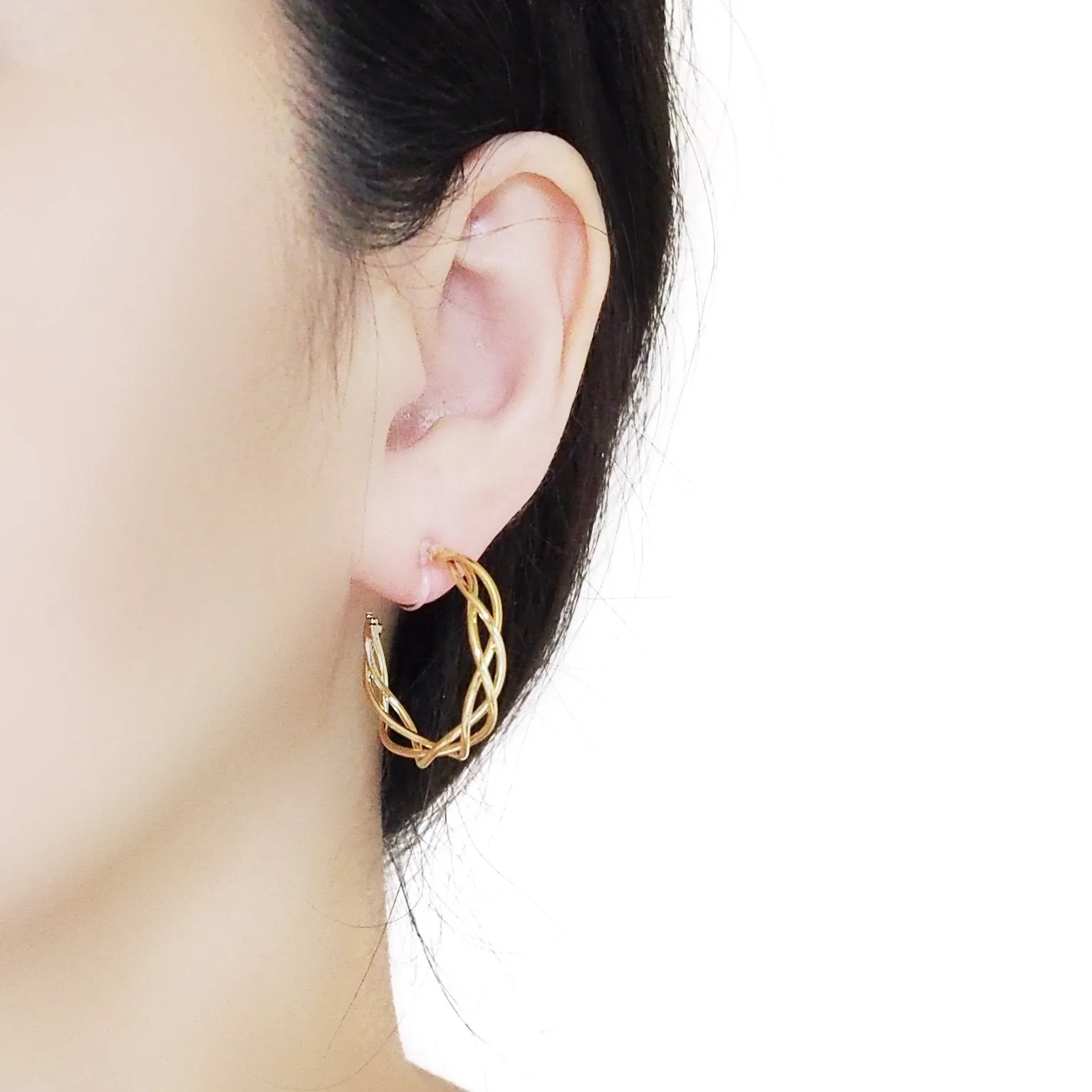 Gold Woven Invisible Clip On Hoop Earrings