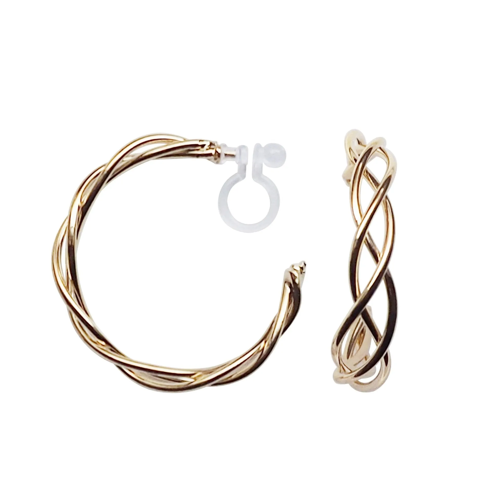 Gold Woven Invisible Clip On Hoop Earrings