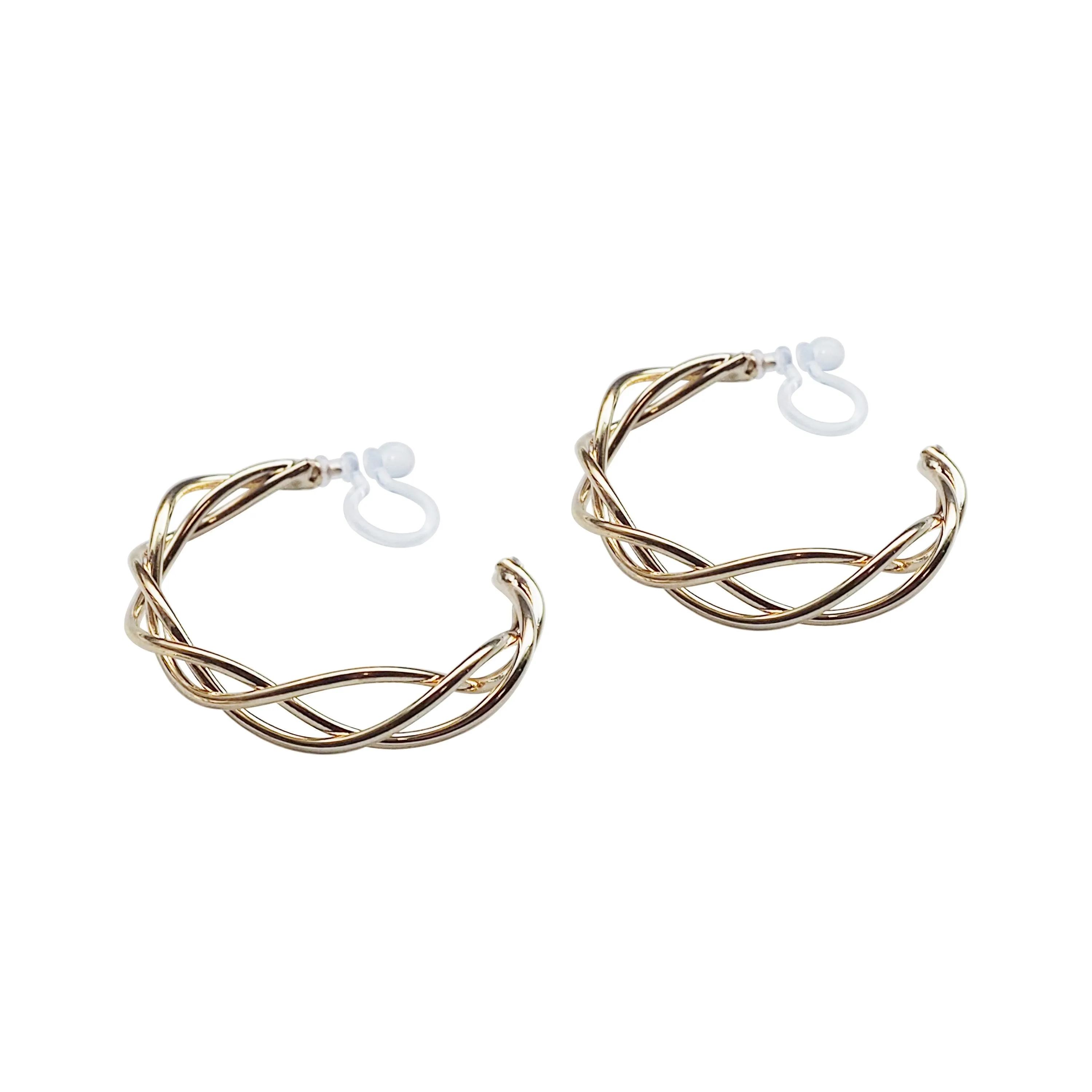 Gold Woven Invisible Clip On Hoop Earrings