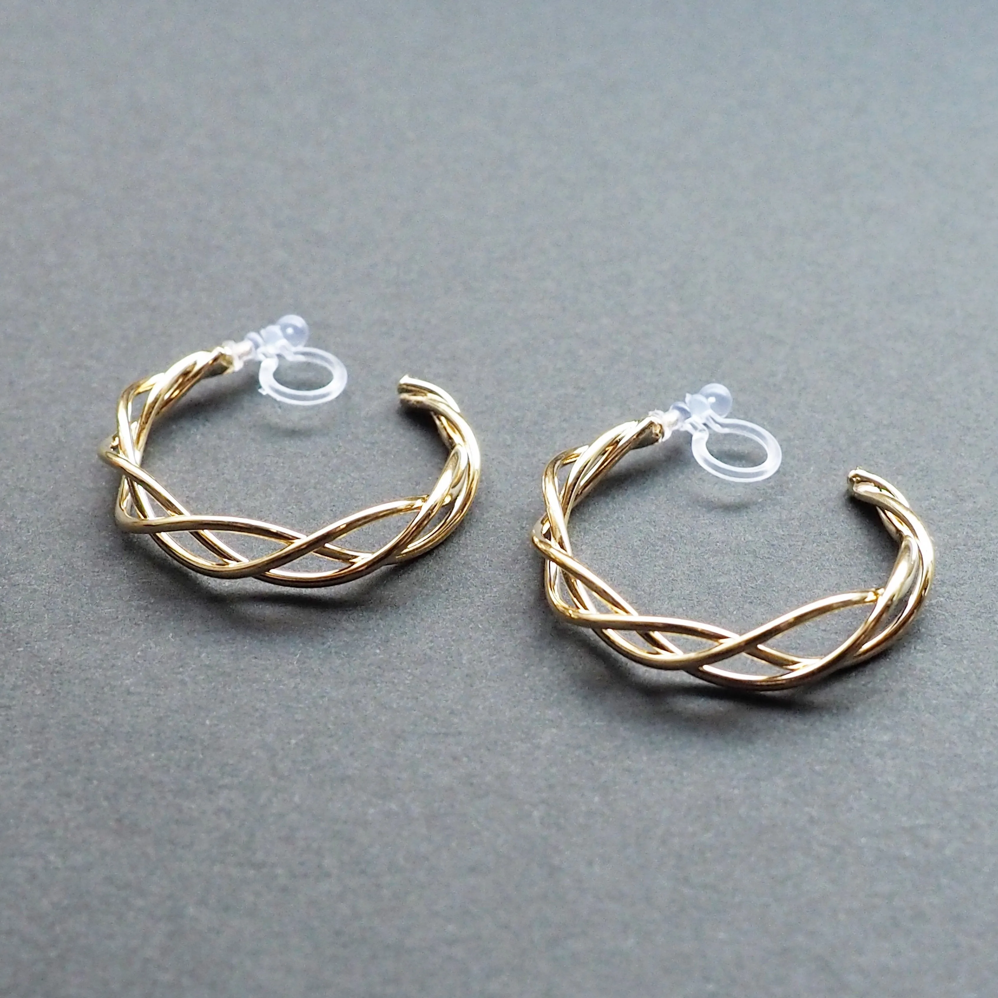 Gold Woven Invisible Clip On Hoop Earrings