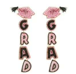 Grad Letter Beaded Sequin Graduate Cap Earrings - Pink
