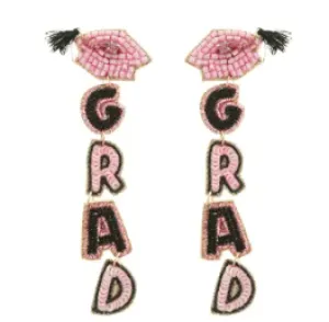 Grad Letter Beaded Sequin Graduate Cap Earrings - Pink