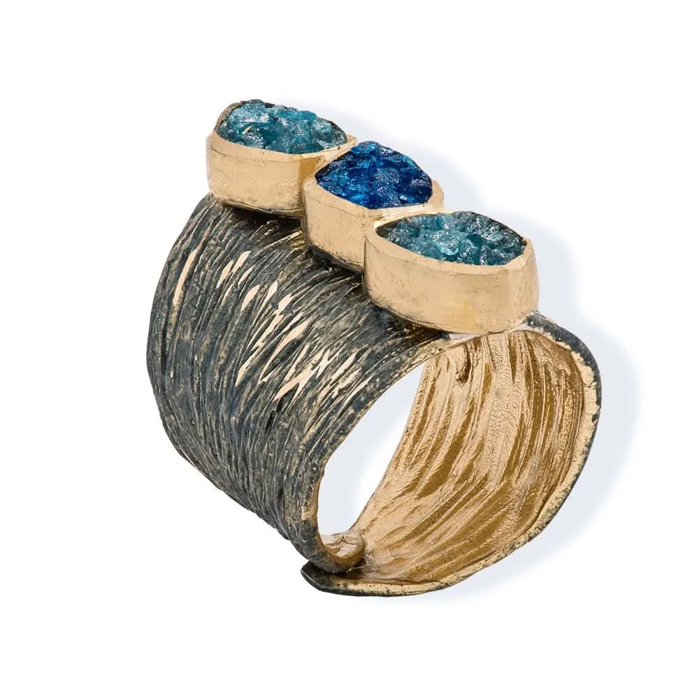 Handmade Black & Gold Plated Ring Diamond Curved With Sky Blue Crystals