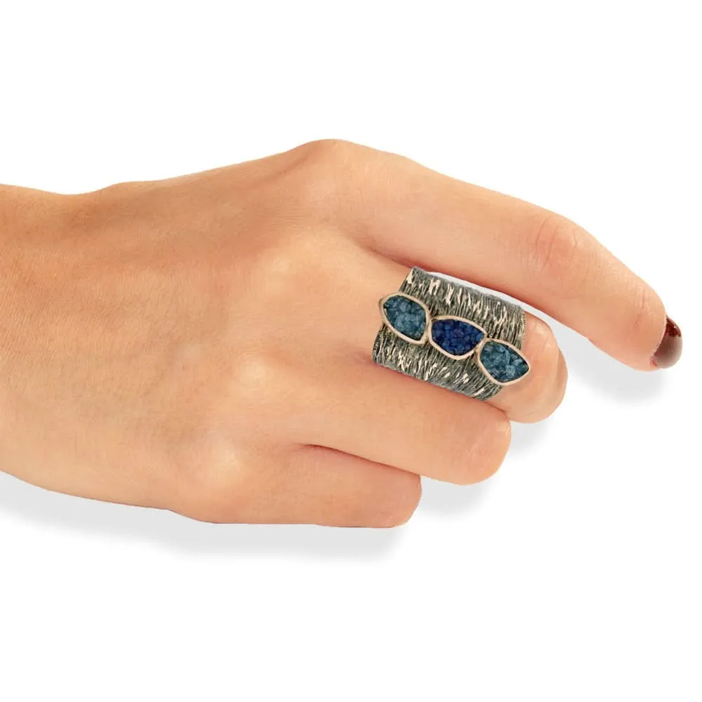 Handmade Black & Gold Plated Ring Diamond Curved With Sky Blue Crystals
