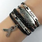 HANDMADE LEATHER AND SILVER HOPE, FAITH, BELIEVE PINK RIBBON BREAST CANCER AWARENESS CHARM BRACELET