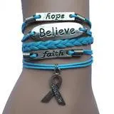 HANDMADE LEATHER AND SILVER HOPE, FAITH, BELIEVE PINK RIBBON BREAST CANCER AWARENESS CHARM BRACELET