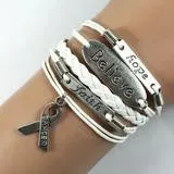 HANDMADE LEATHER AND SILVER HOPE, FAITH, BELIEVE PINK RIBBON BREAST CANCER AWARENESS CHARM BRACELET