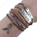 HANDMADE LEATHER AND SILVER HOPE, FAITH, BELIEVE PINK RIBBON BREAST CANCER AWARENESS CHARM BRACELET