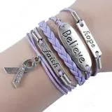 HANDMADE LEATHER AND SILVER HOPE, FAITH, BELIEVE PINK RIBBON BREAST CANCER AWARENESS CHARM BRACELET