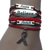 HANDMADE LEATHER AND SILVER HOPE, FAITH, BELIEVE PINK RIBBON BREAST CANCER AWARENESS CHARM BRACELET