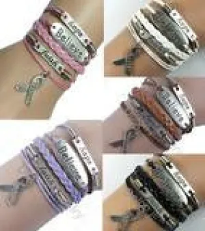 HANDMADE LEATHER AND SILVER HOPE, FAITH, BELIEVE PINK RIBBON BREAST CANCER AWARENESS CHARM BRACELET