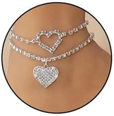 Heart Rhinestone Ankle Bracelets for Women Adjustable Silver Shiny Tennis Anklets Twinkle Heart Cubic Zircon Anklet Foot Chain Trendy Jewelry for Women