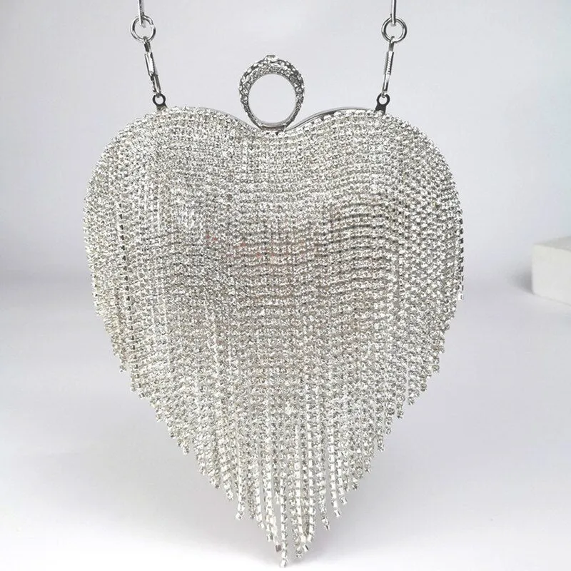 Heart Shaped Tassels Clutch with Shoulder Chain