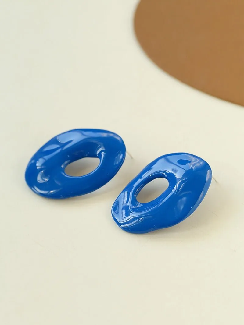 Irregular Geometric Oval Hollow Blue Enamel Earrings