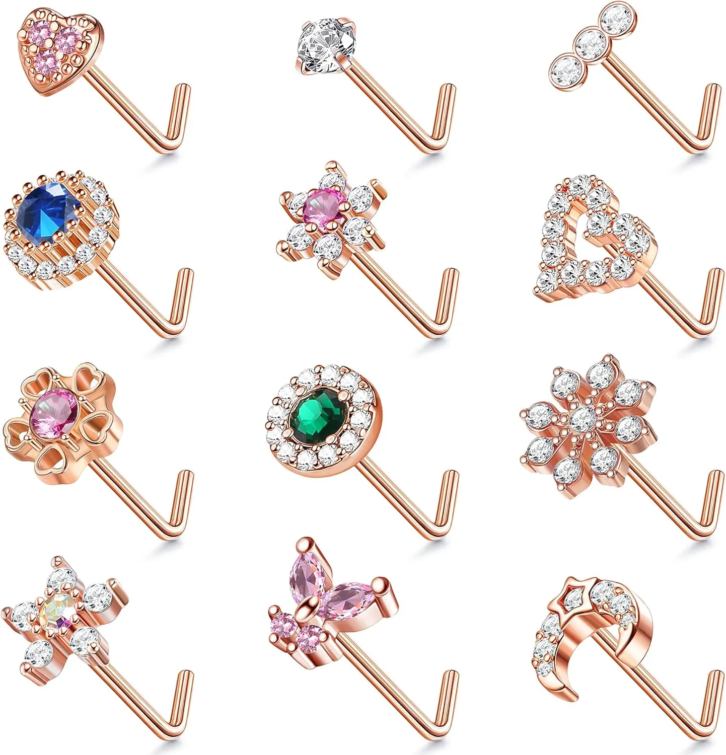JeryWe 12Pcs Nose Studs 20g Nose Stud L Shaped Diamond CZ Nose Rings Stud for Women Surgical Steel Nose Rings Nose Screw Nose Piercing Stud Butterfly Heart Flower Nostril Jewelry Silver Rose Gold
