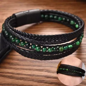 Jiayiqi Men's Bracelets Natural Stone Multilayer Leather Braided Bracelet Green Beads Bangle Vintage Male Jewelry Wristband Gift
