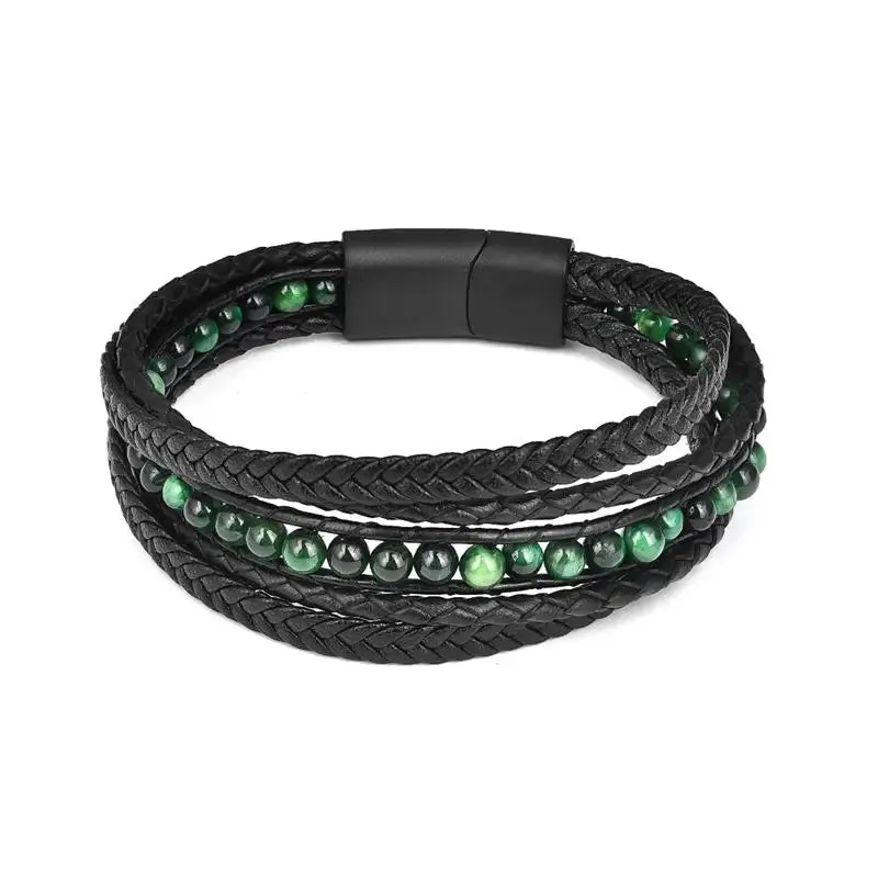 Jiayiqi Men's Bracelets Natural Stone Multilayer Leather Braided Bracelet Green Beads Bangle Vintage Male Jewelry Wristband Gift