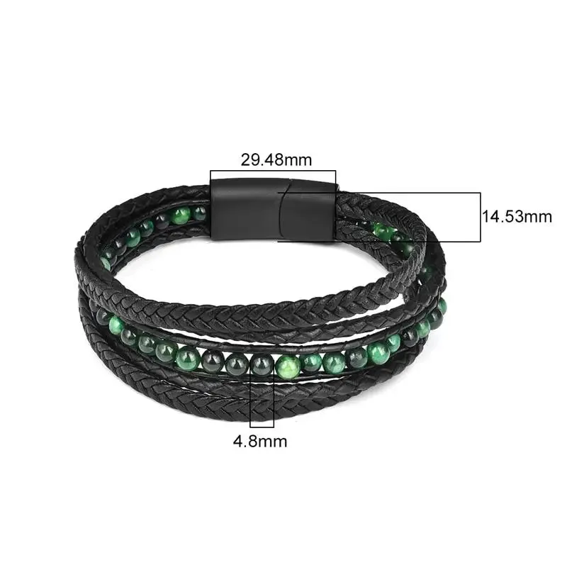 Jiayiqi Men's Bracelets Natural Stone Multilayer Leather Braided Bracelet Green Beads Bangle Vintage Male Jewelry Wristband Gift