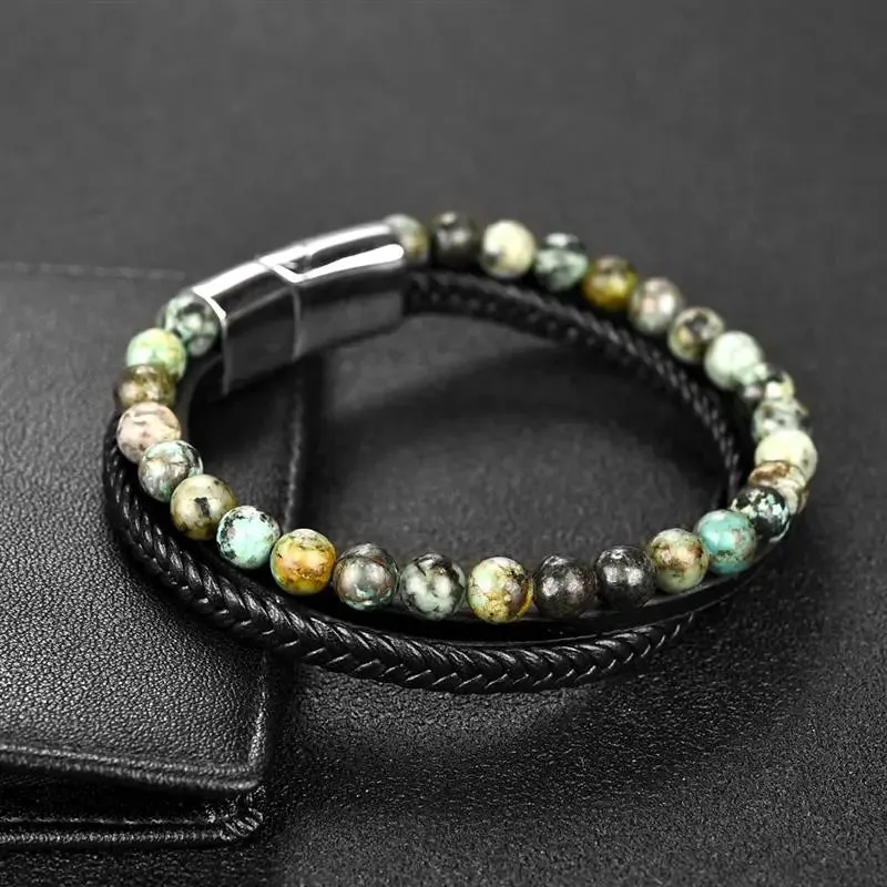 Jiayiqi Men's Bracelets Natural Stone Multilayer Leather Braided Bracelet Green Beads Bangle Vintage Male Jewelry Wristband Gift