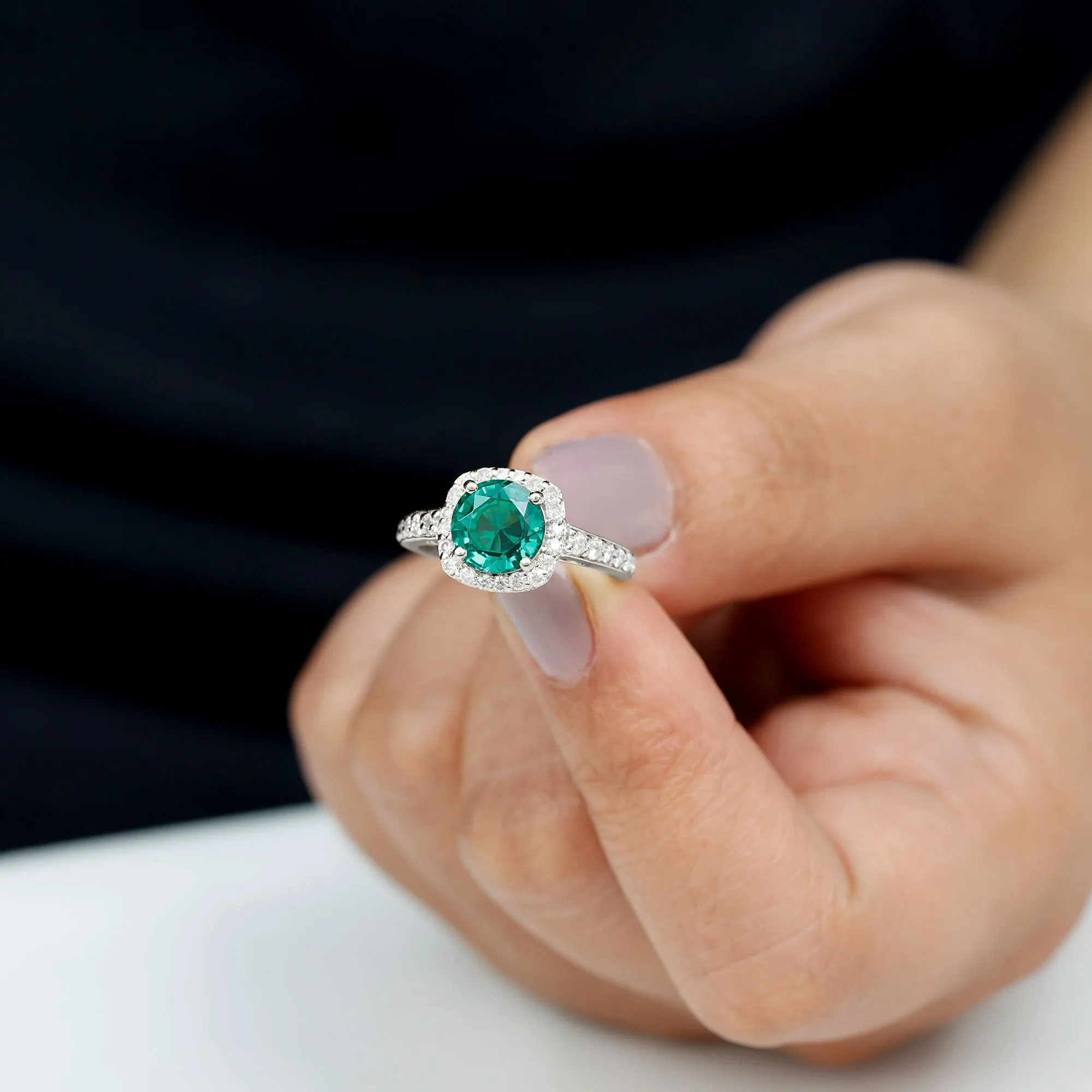 Lab Grown Emerald and Diamond Classic Halo Engagement Ring