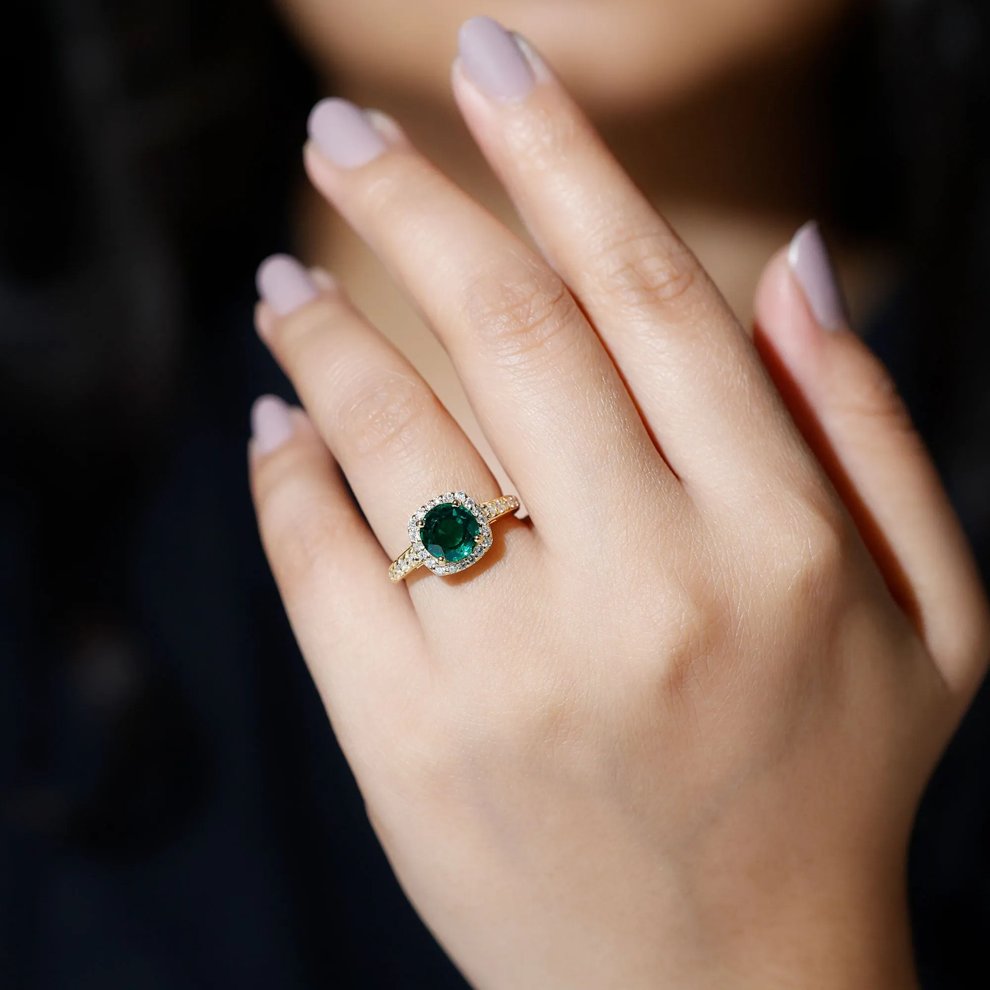 Lab Grown Emerald and Diamond Classic Halo Engagement Ring