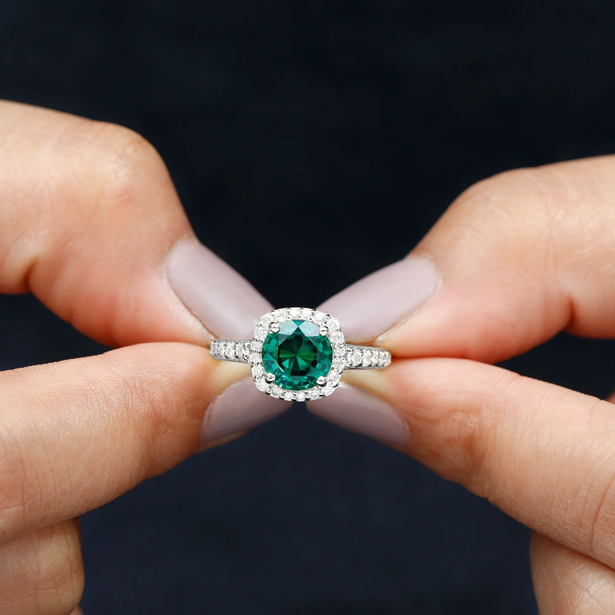 Lab Grown Emerald and Diamond Classic Halo Engagement Ring
