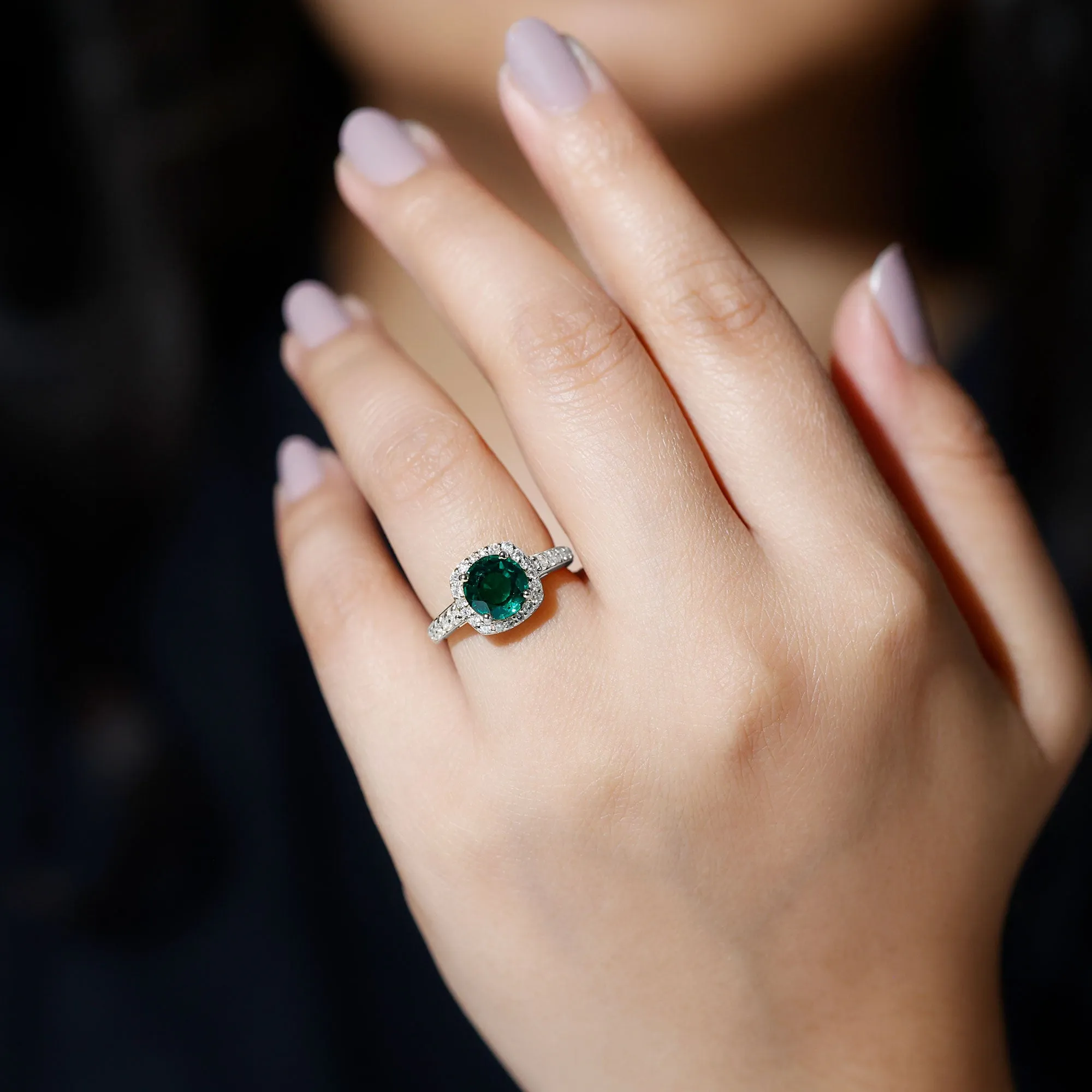 Lab Grown Emerald and Diamond Classic Halo Engagement Ring