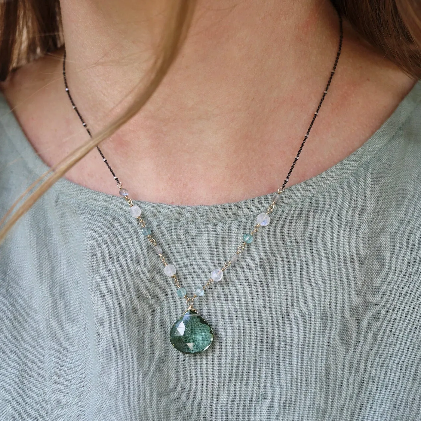 Large Green Amethyst Drop Necklace
