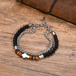 Layered Mens Cross Bracelets, Stainless Steel Chain and Black Beaded Bracelet