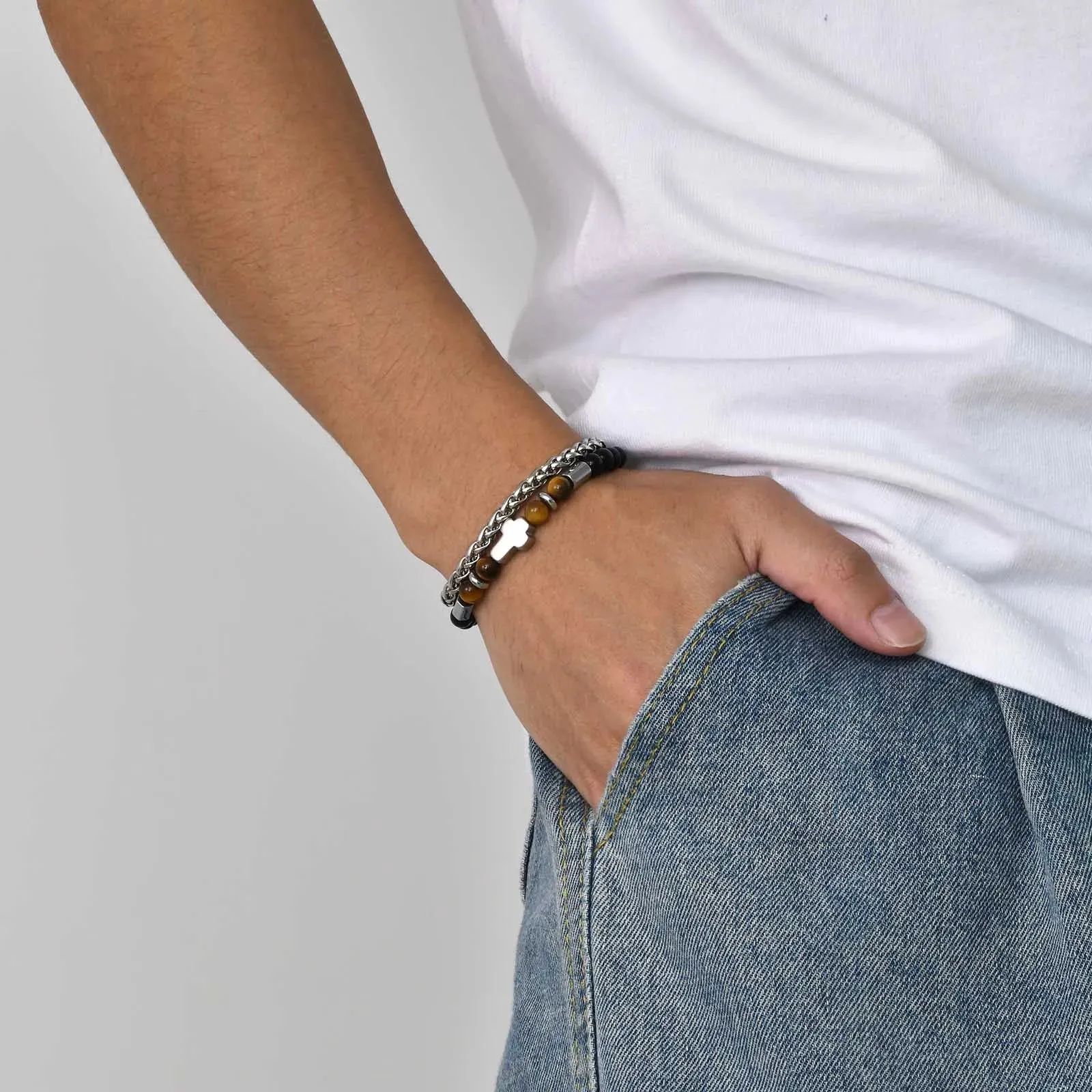 Layered Mens Cross Bracelets, Stainless Steel Chain and Black Beaded Bracelet