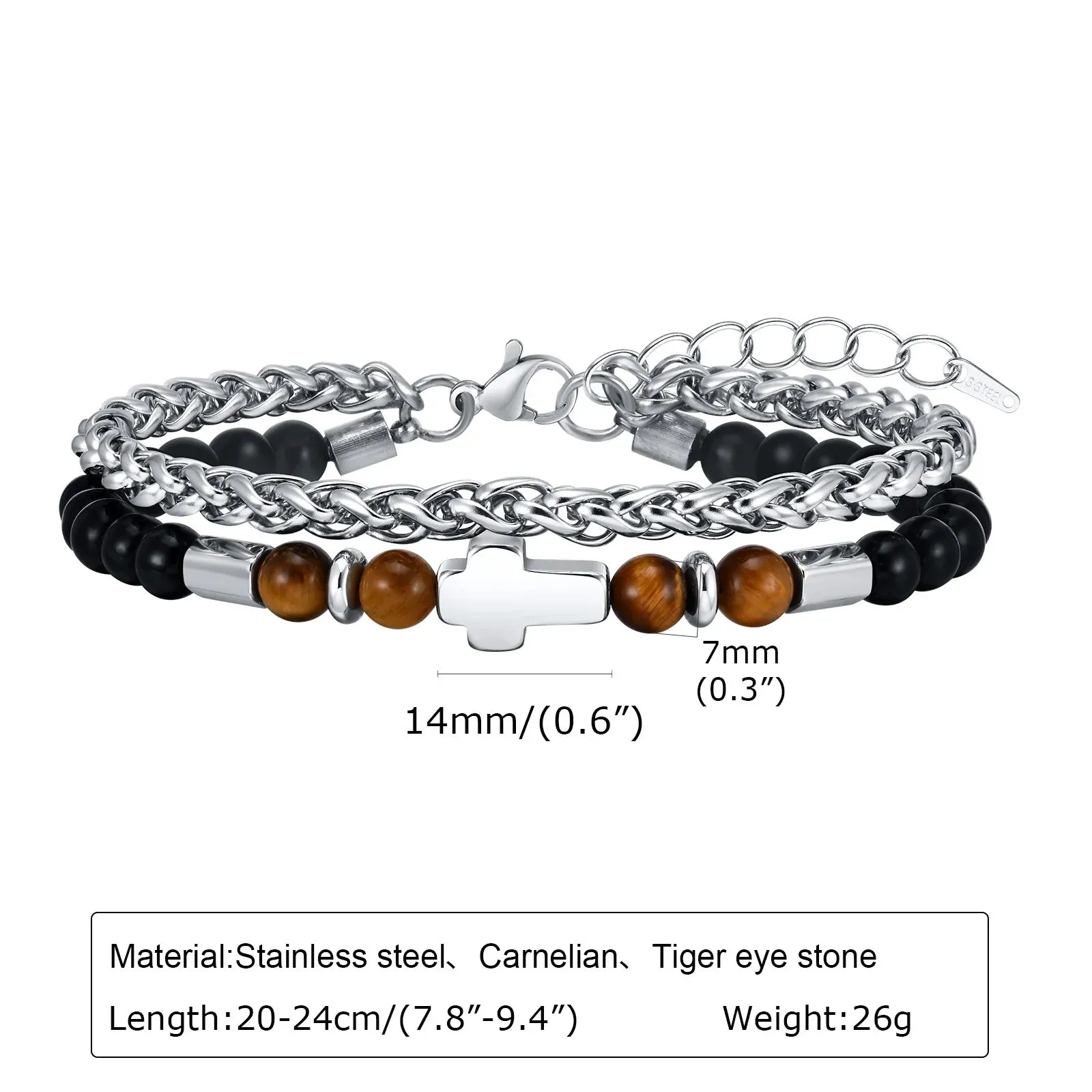 Layered Mens Cross Bracelets, Stainless Steel Chain and Black Beaded Bracelet