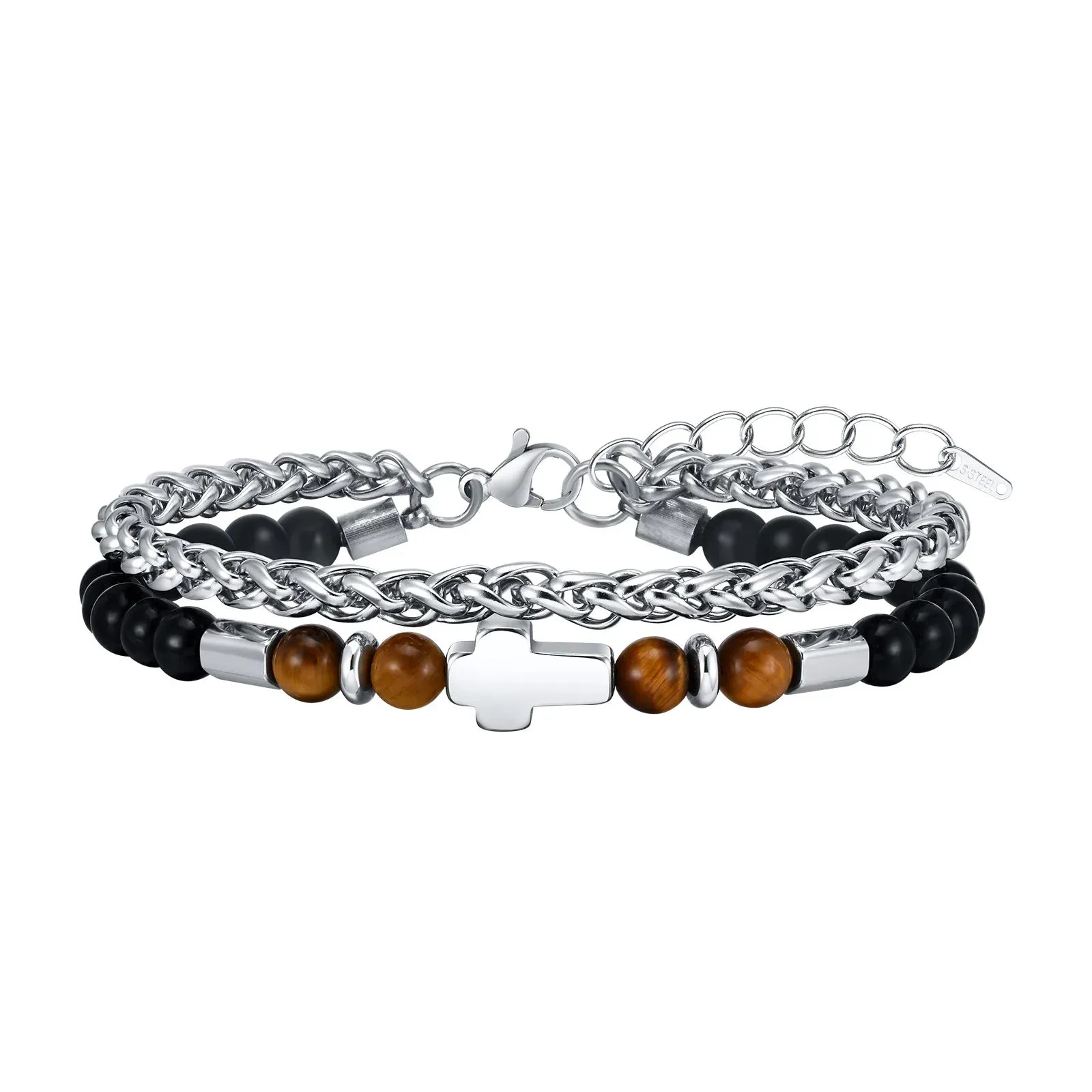 Layered Mens Cross Bracelets, Stainless Steel Chain and Black Beaded Bracelet