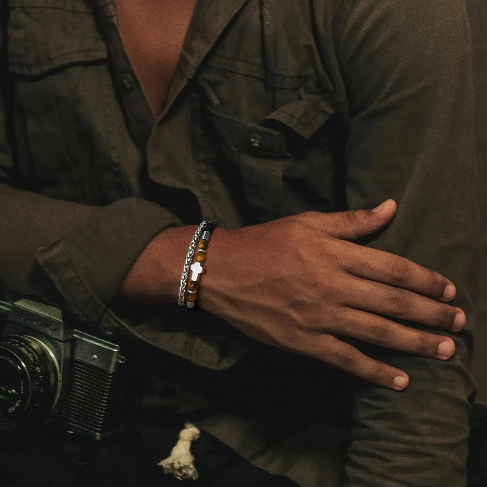 Layered Mens Cross Bracelets, Stainless Steel Chain and Black Beaded Bracelet