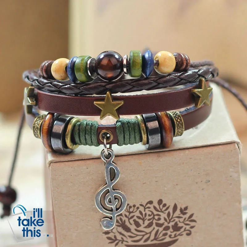 Leather Rope Wrap Bracelet, Punk Rock/Vintage Adjustable Layered Beads Charm Music Note Bracelets