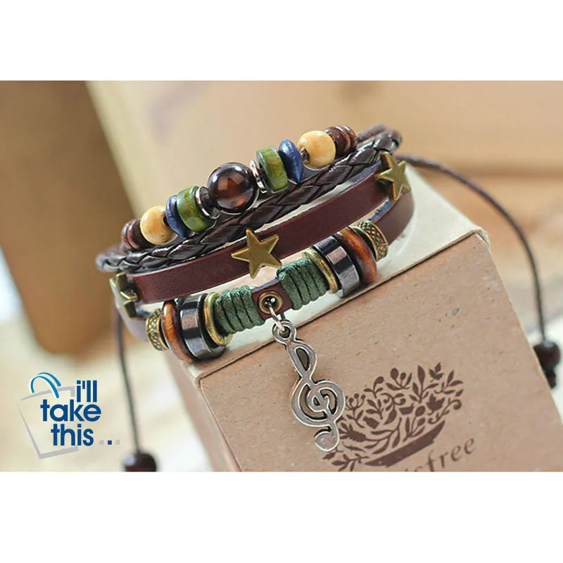 Leather Rope Wrap Bracelet, Punk Rock/Vintage Adjustable Layered Beads Charm Music Note Bracelets