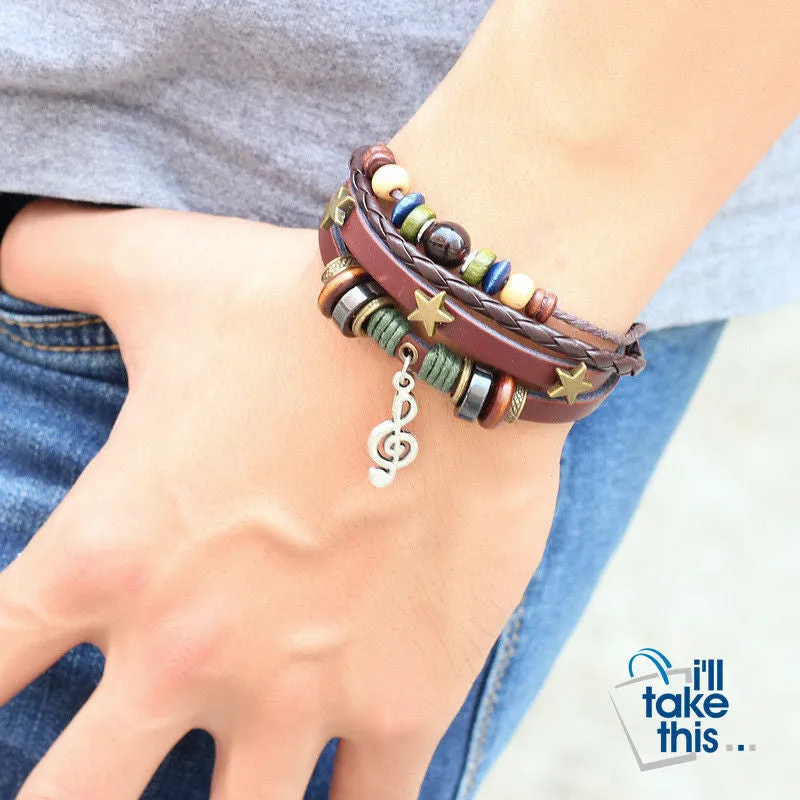 Leather Rope Wrap Bracelet, Punk Rock/Vintage Adjustable Layered Beads Charm Music Note Bracelets