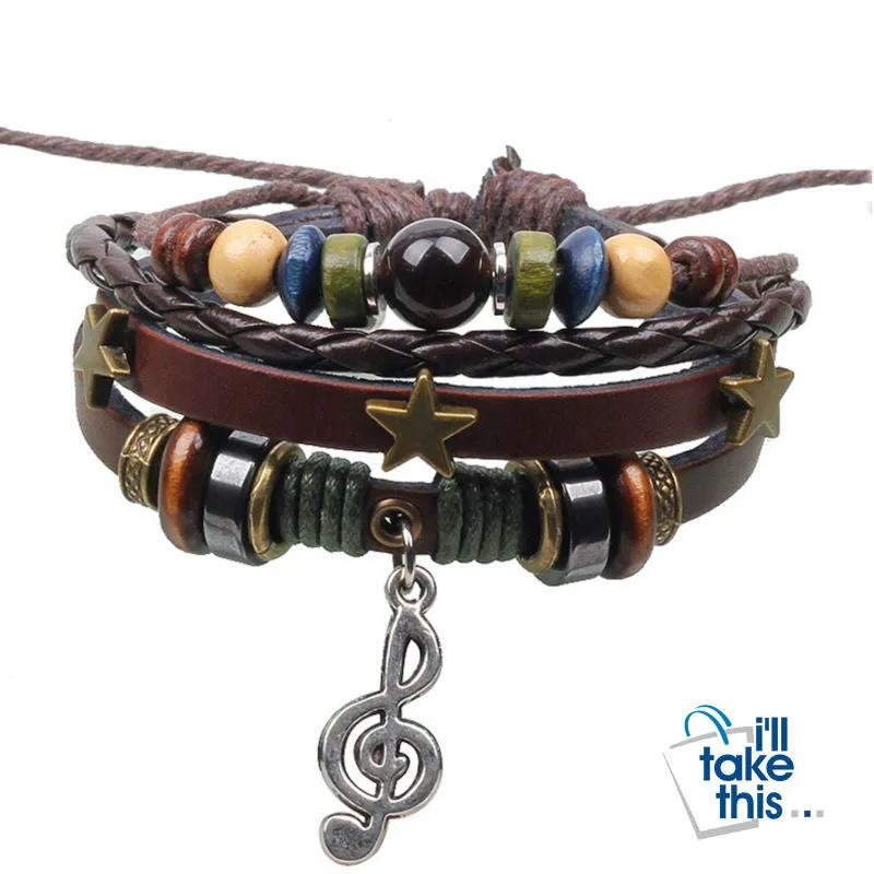 Leather Rope Wrap Bracelet, Punk Rock/Vintage Adjustable Layered Beads Charm Music Note Bracelets