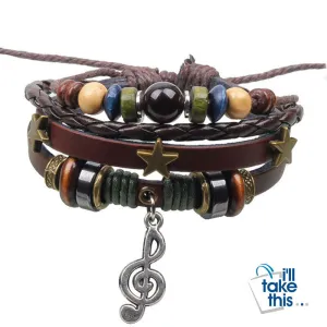 Leather Rope Wrap Bracelet, Punk Rock/Vintage Adjustable Layered Beads Charm Music Note Bracelets