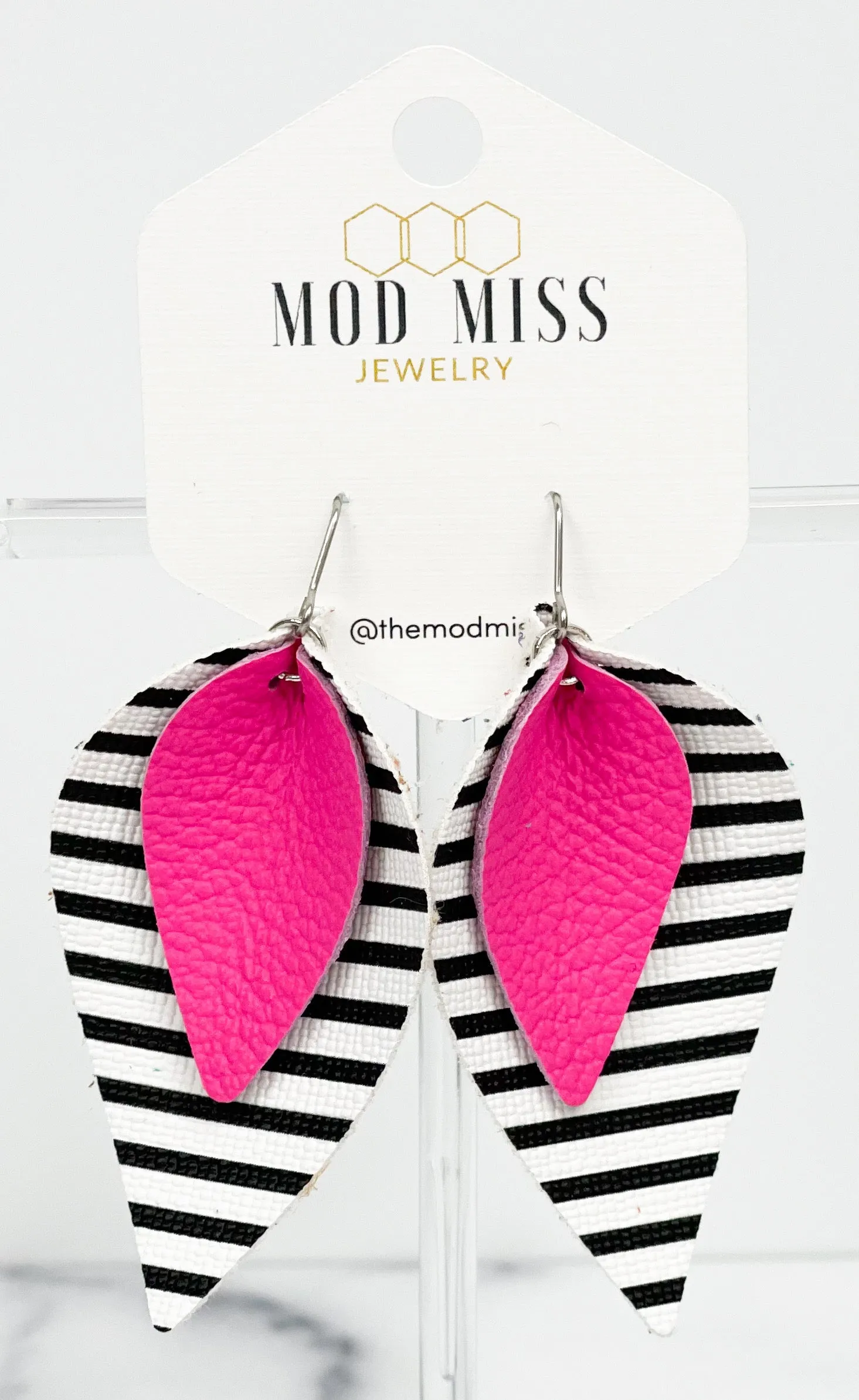 Leather Stacked Petal Earring "Hot Pink on Black and White Stripe (Thin Stripes)"
