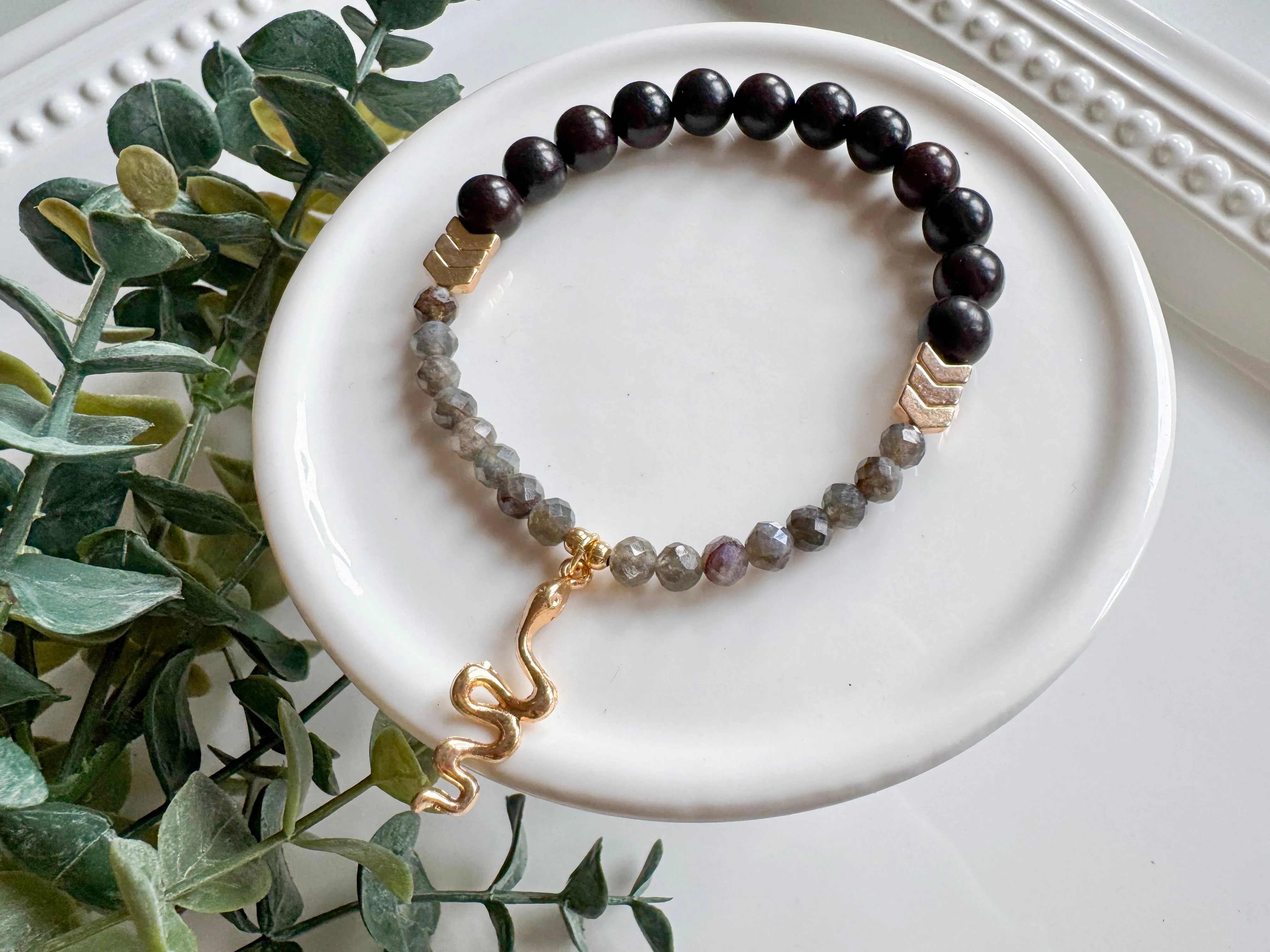 Lunar New Year Labradorite & Ebony Wood Snake Bracelet || Reiki Infused