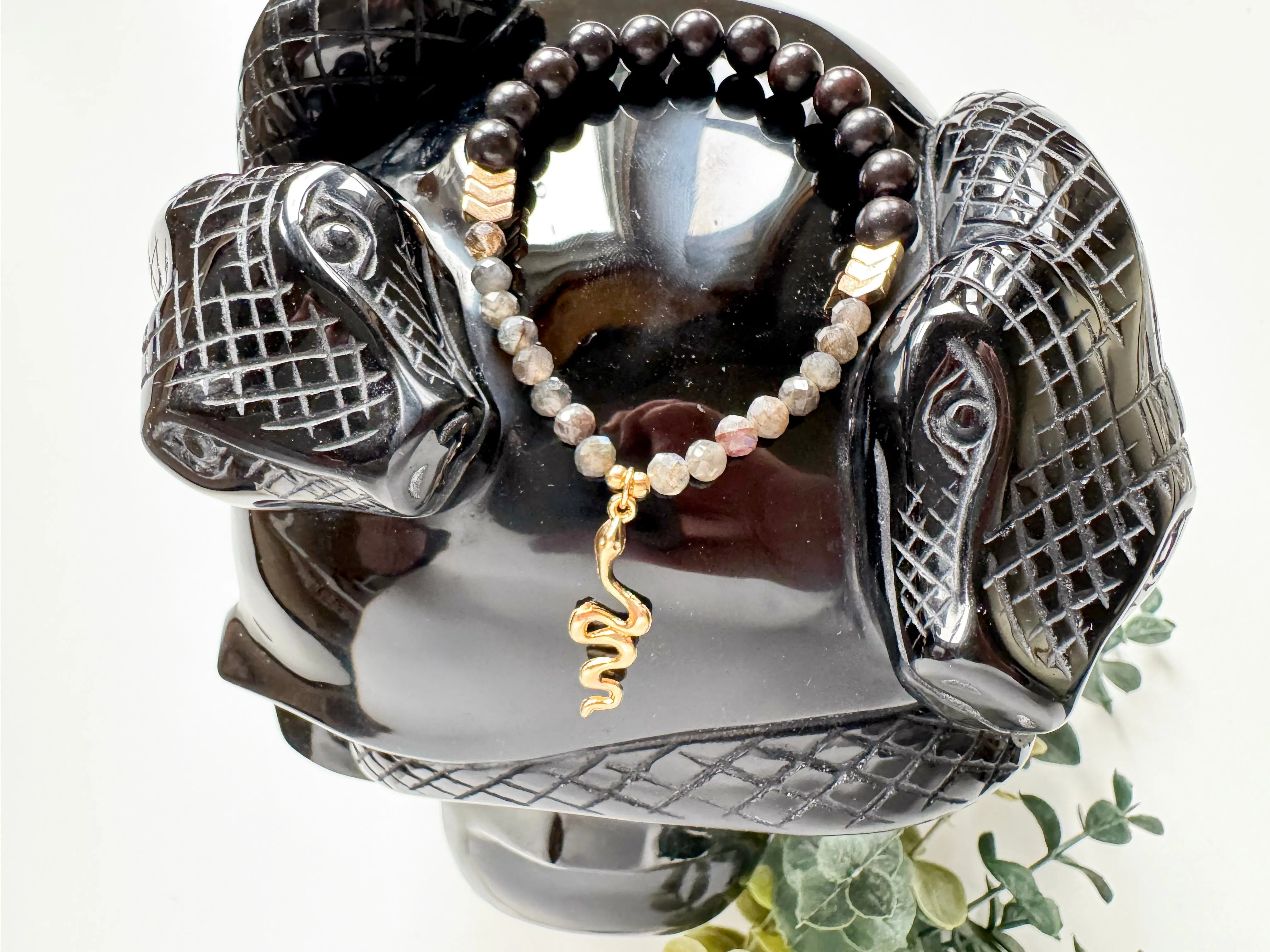 Lunar New Year Labradorite & Ebony Wood Snake Bracelet || Reiki Infused