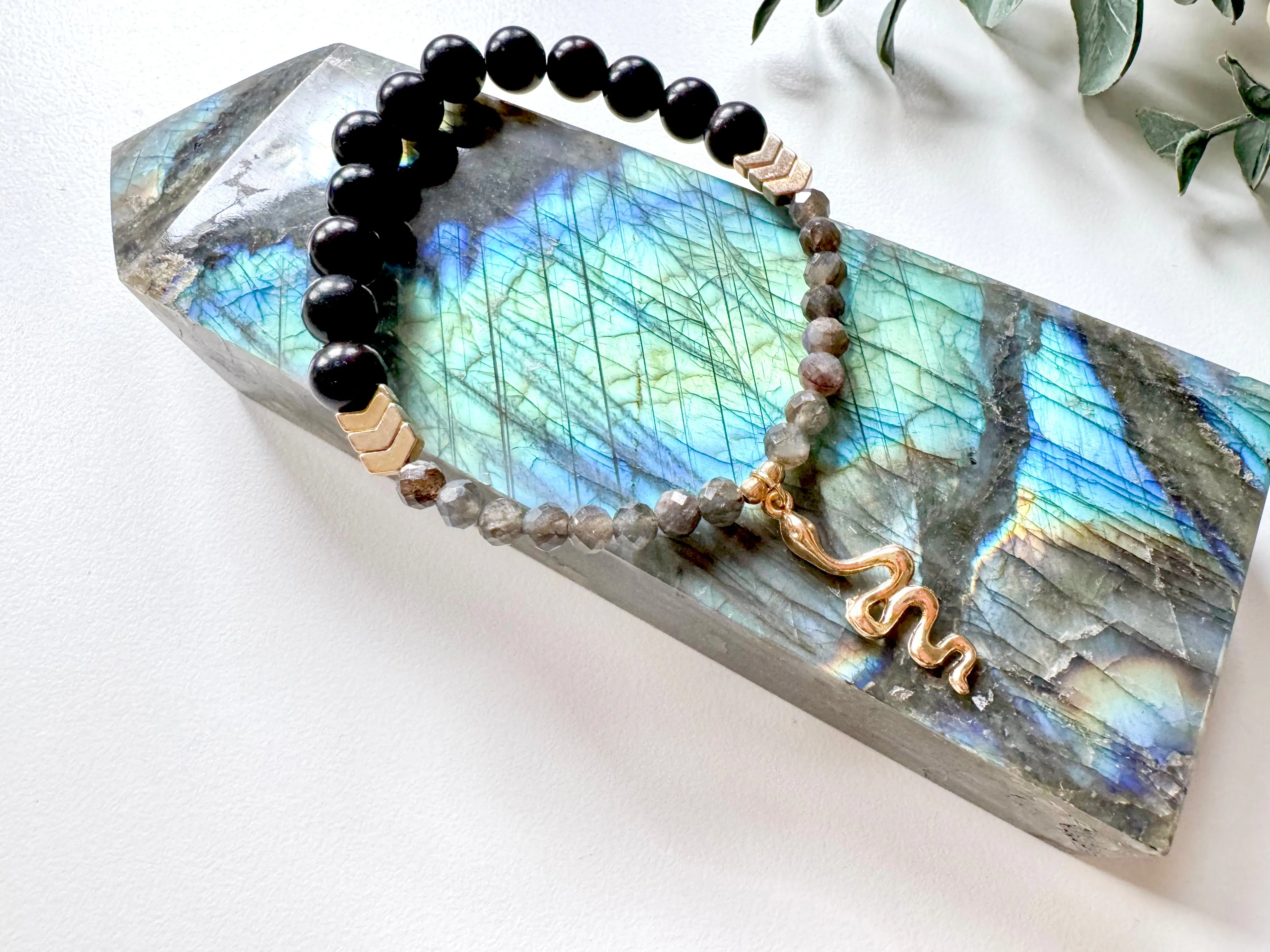 Lunar New Year Labradorite & Ebony Wood Snake Bracelet || Reiki Infused