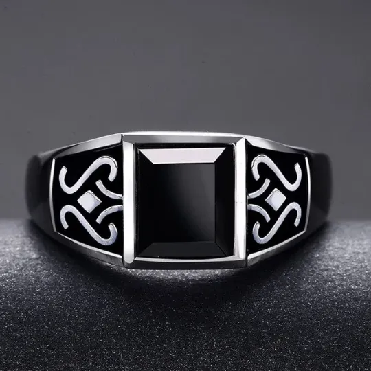 Men's Simple Bezel Set Square Cut Black Onyx Statement Rings - 925 Sterling Silver Rings