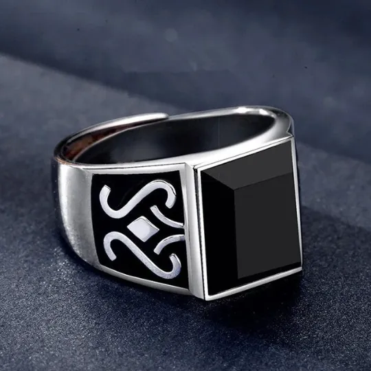 Men's Simple Bezel Set Square Cut Black Onyx Statement Rings - 925 Sterling Silver Rings