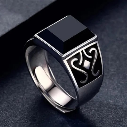 Men's Simple Bezel Set Square Cut Black Onyx Statement Rings - 925 Sterling Silver Rings