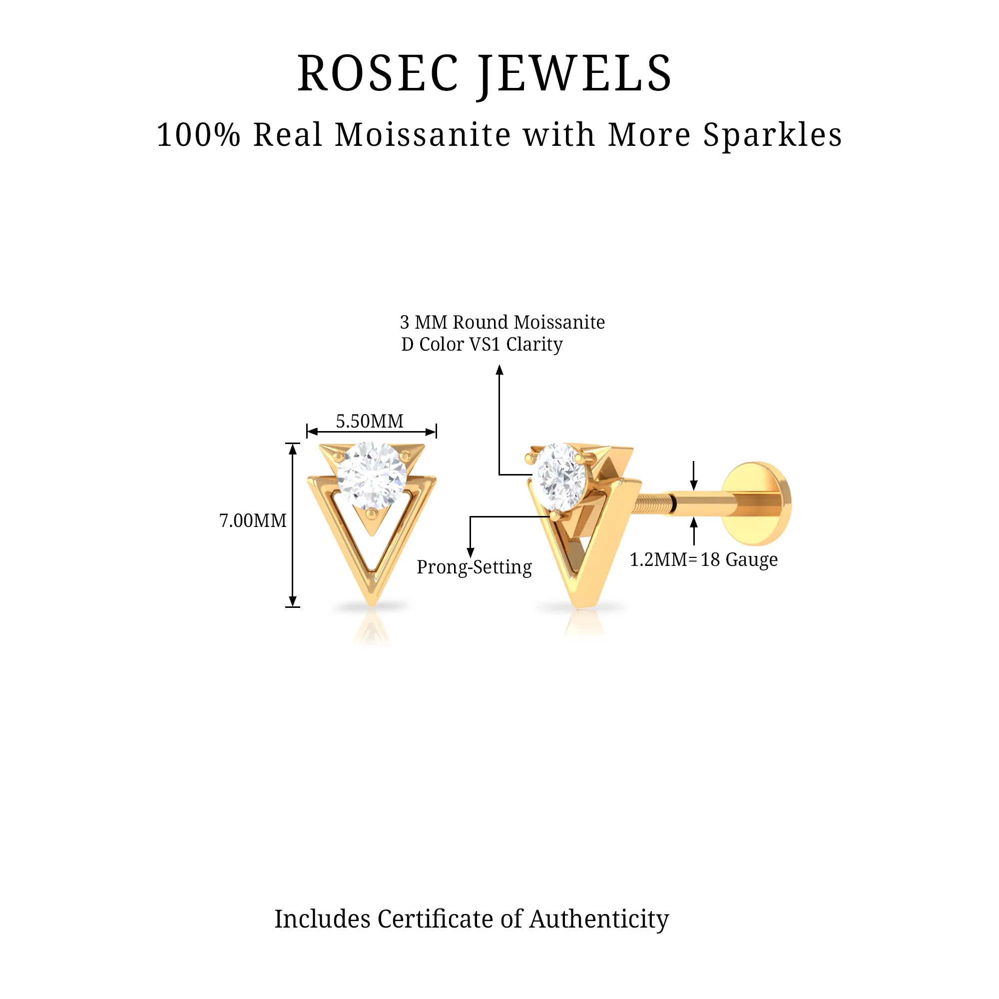 Moissanite Triangle Geometric Tragus Earring in Gold