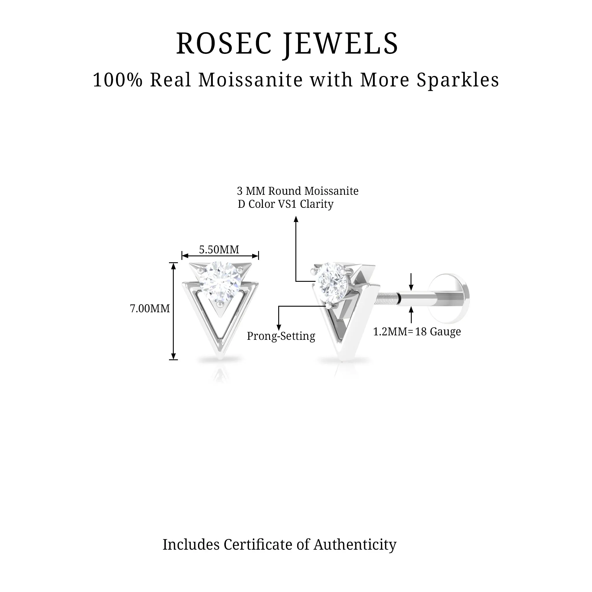 Moissanite Triangle Geometric Tragus Earring in Gold