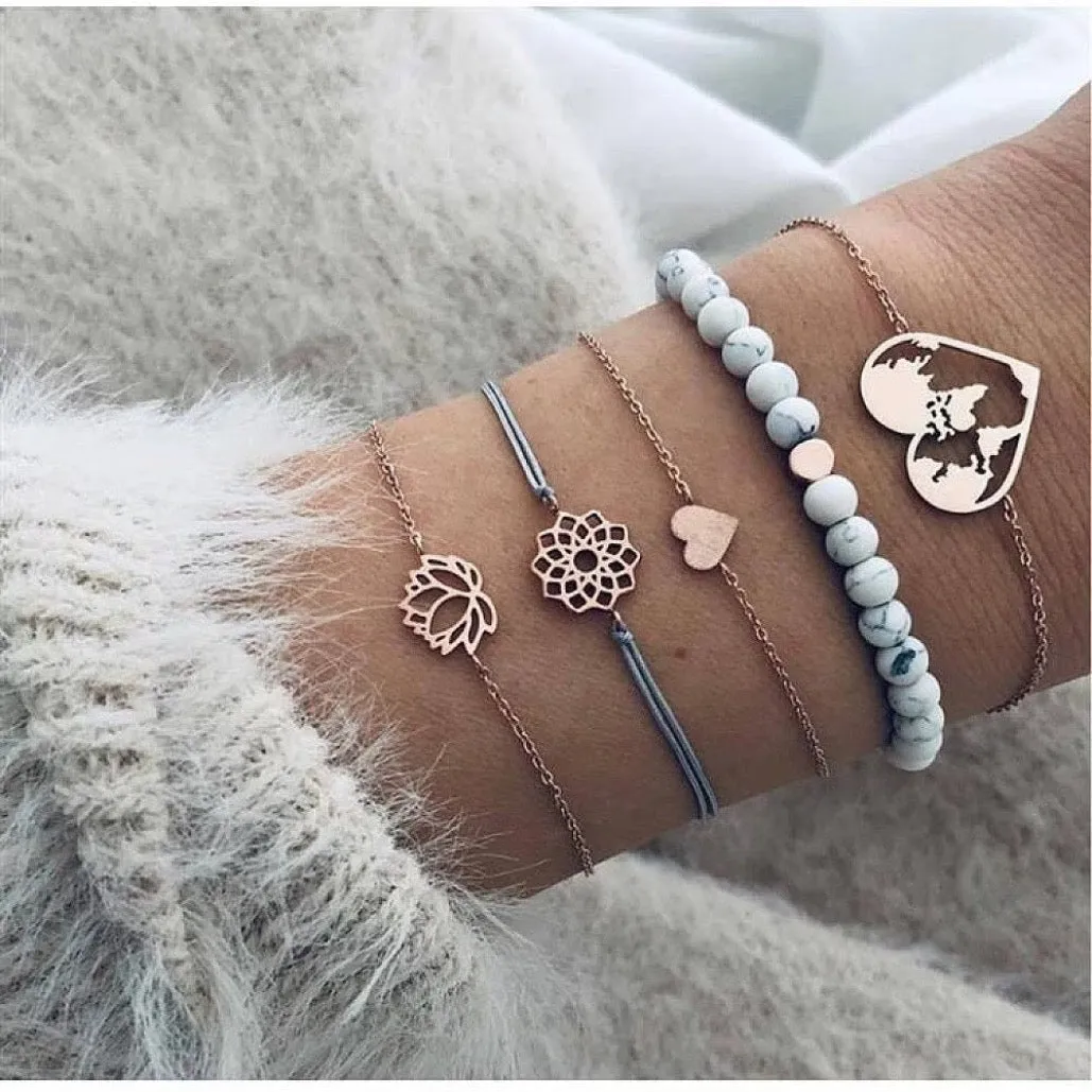 Multi Layered Boho Stackable Chain Bracelet with Charms